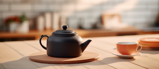 A ceramic tea pot, cup, and saucer are arranged neatly on a round wooden table. Nearby, there is a notebook with empty pages. The scene is set against a blurred kitchen interior with bright furniture. - obrazy, fototapety, plakaty