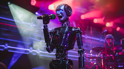 A candid shot of a humanoid robot captivating the audience with its singing performance on a...