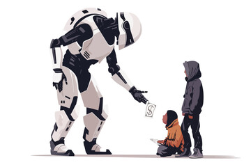 robot giving money to homeless person isolated vector style