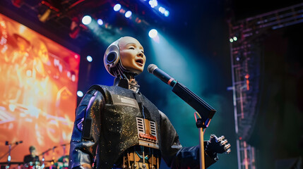 A robot performing on stage at a music festival with facial expression