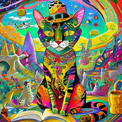 Psychedelic and surreal hobbies and leisure life of cats