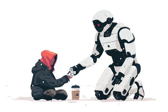 robot giving money to homeless person isolated vector style