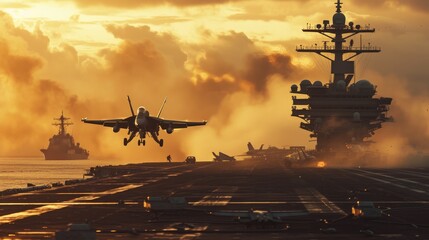 Military aircraft on an aircraft carrier
