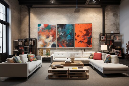 Gallery Wall Artistic Display: Chic Urban Loft Living Room Concepts