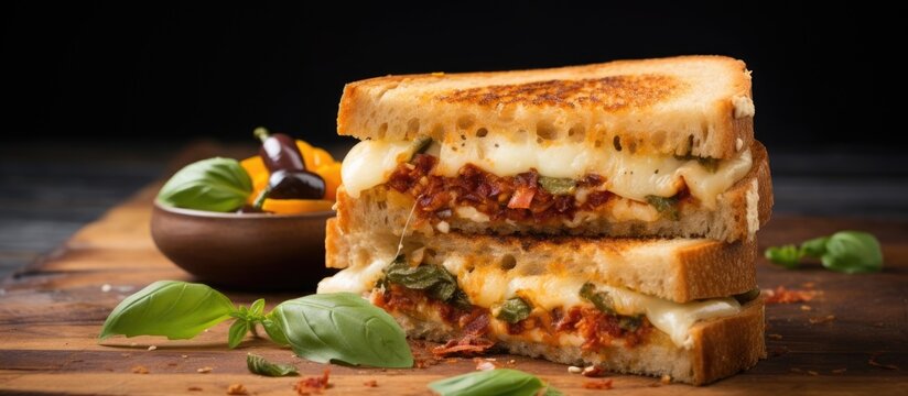 A sandwich filled with Parmazano and Gouda cheese, olives, paprika, onion, pasata, garlic powder, basil, and a hint of chili powder, cut in half and placed on a wooden cutting board.