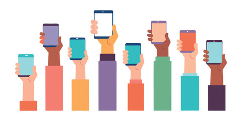 Multi skin color hands raising smartphone.