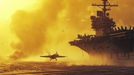 Military aircraft on an aircraft carrier