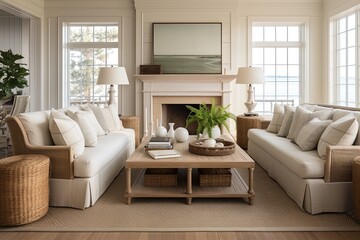Fototapeta premium Coastal Grandmother Style Living Room Decor & Elegant Light Fixtures Showcase