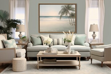 Fototapeta premium Coastal Grandmother Style Living Room Decor: Soothing Color Palette Retreat