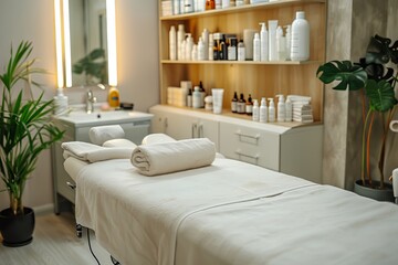 Interior of new beauty salon with spa massage table and set of skincare products ready for use