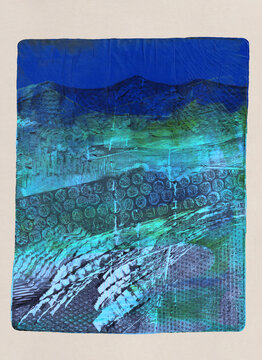 Landscape inspired acrylic mono-print in shades of green and blue