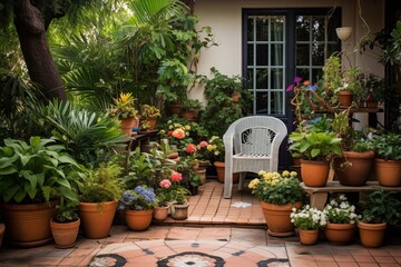 Fototapeta na wymiar Ceramic Pot Prettiness: Cottage Style Garden Patio Inspirations Featuring a Variety of Plants