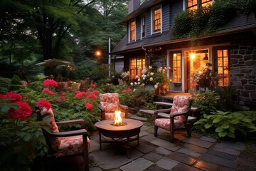 Fototapeta na wymiar Cottage Style Garden Patio Inspirations: Fire Pit, Cozy Evenings Delight