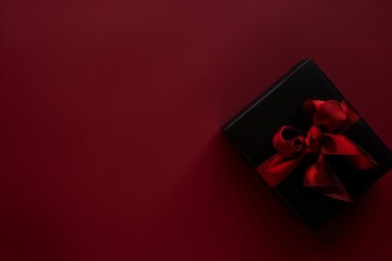 A black box with crimson red colour bow in bottom right corner in clear plain dark red background 