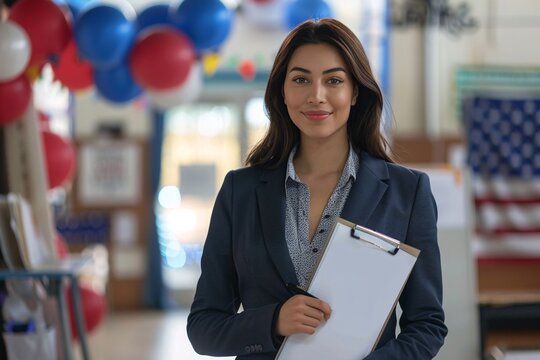 Young american politic party worker holding vote at electoral college.