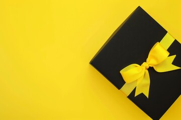 A black box with Yellow bow in bottom right corner in clear plain Yellow background -
