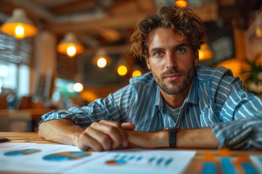 Young businessman attentively analyzing financial charts and reports in a cafe setting