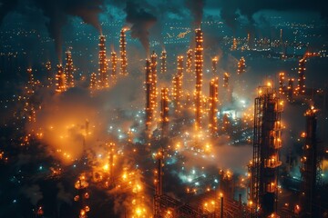 Fototapeta premium A nighttime industrial scene glows with an intricate pattern of lights and smoke