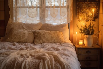 Lace Doily Dreams: Cottagecore Bedroom Inspirations with Soft Lighting - obrazy, fototapety, plakaty