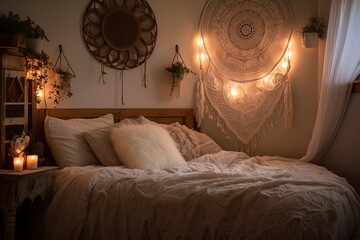 Cottagecore Serenity: Lace Doilies & Soft Lighting Bedroom Inspirations - obrazy, fototapety, plakaty