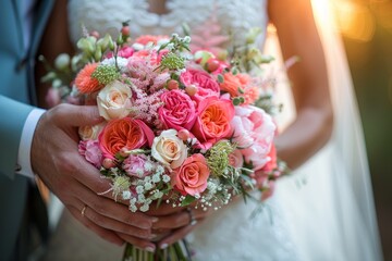 Wedding. The girl in a white dress and a guy in a suit sitting on a wooden chair, and are holding a beautiful bouquet of white, blue, pink flowers and greenery, decorated with silk ribbon - obrazy, fototapety, plakaty