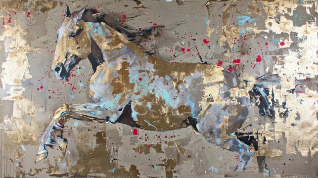 A painting of abstract oil. Art painting, gold, horse, canvas, wall art, modern artwork, paint spots, paint strokes, knife painting, large stroke painting, mural, wall art 