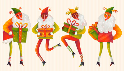 Fairy characters styled Christmas gnomes holding the gifts