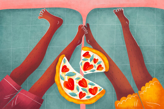 The concept of couple relaxing at home with pizza