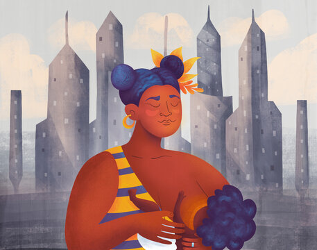 The concept of mother breastfeeding in the dust city