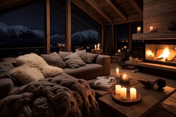 Snug Couches and Ambient Lighting: Cozy Chalet Living Room Ideas - obrazy, fototapety, plakaty