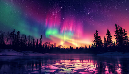 The aurora borealis creates a colorful display in the night sky above a serene, icy landscape