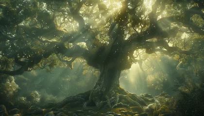 Fotobehang Sunlight cascades through an enchanted forest, highlighting the mystical grandeur of an ancient tree and its dense foliage © Seasonal Wilderness