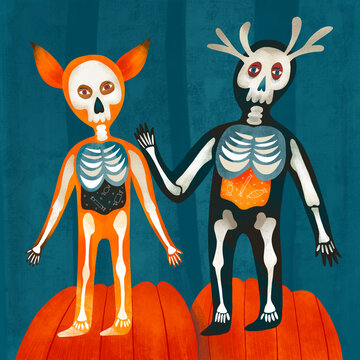 Children in halloween costumes of fox and deer skeletons stand o