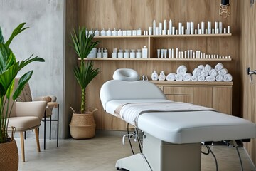 Interior of new beauty salon with spa massage table and set of skincare products ready for use