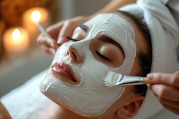 Face peeling mask,spa beauty treatment,skincare.Woman getting facial care by beautician at spa salon