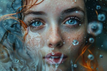 An artistic portrayal of a young girl underwater, with vivid colors and bubbles, evoking a sense of submersion in thought