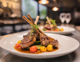 Grilled lamb chops with vegetables on white plate on restaurant counter. Restaurant menu.