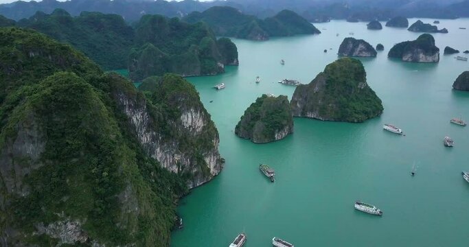 Vietnam travel destination. Tour tourism exploring. Beautiful landscape Halong Bay view from adove the Bo Hon Island. Halong Bay is the UNESCO World Heritage Site, beautiful natural, northern Vietnam