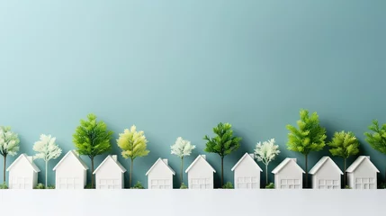 Rolgordijnen Miniature model paper houses property estate with trees landscape background © kraftbunnies