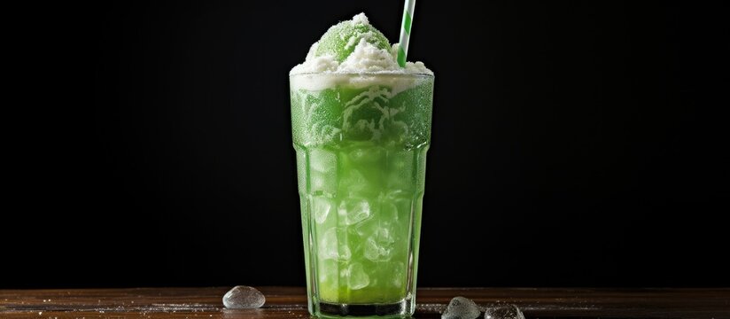 A green drink with a straw inserted in it, likely a soda float made with green syrup. The straw sits in the fizzy concoction, ready to be sipped.