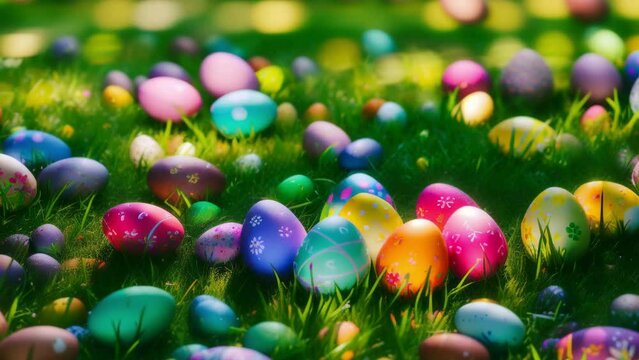 Easter Eggs Among Grass and Spring Decorations