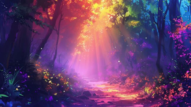 Enchanted Luminescence: A mystical forest aglow with ethereal light, where vibrant flora and fauna dance in the enchanti Seamless looping 4k time-lapse virtual video animation background. Generated AI