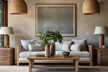 Bamboo Light Fixtures and Linen Upholstery: Natural Living Room Decor with Muted Greens