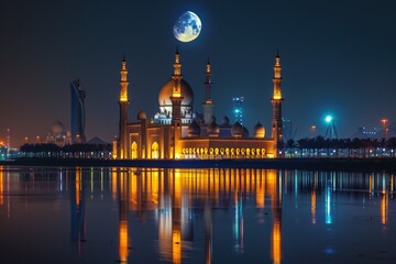 Mosque with a view at night with beautiful lights and a shining moon. Generate AI image