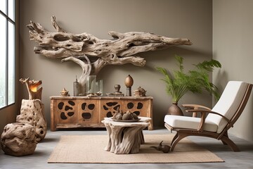 Clay Wall Art, Driftwood Furniture, and Plant-Filled Space: Earthy and Natural Living Room Decors