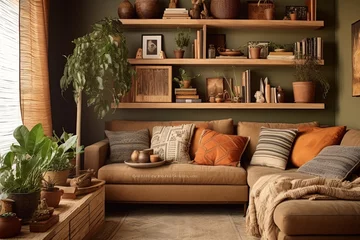 Fotobehang Cork Flooring and Reclaimed Wood: Earthy Natural Living Room Decor Inspo © Michael