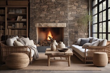 Stone and Wood: Earthy Living Room Decor featuring Rattan Lighting