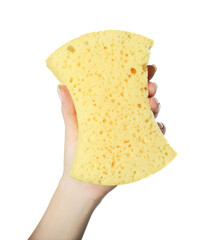 Woman holding new yellow sponge on white background, closeup