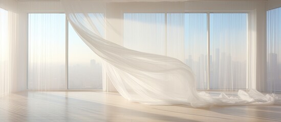 A room with tall, large windows letting in natural light. A white curtain billows in the breeze. The room appears bright and airy with a view of the outside. - obrazy, fototapety, plakaty