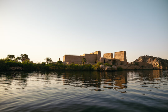 View of the Temple of Isis at Philae from the Nile River.